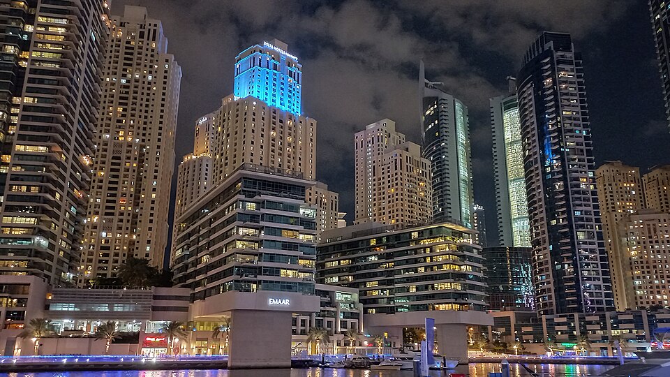 Dubai Marina towers and waterfront at night